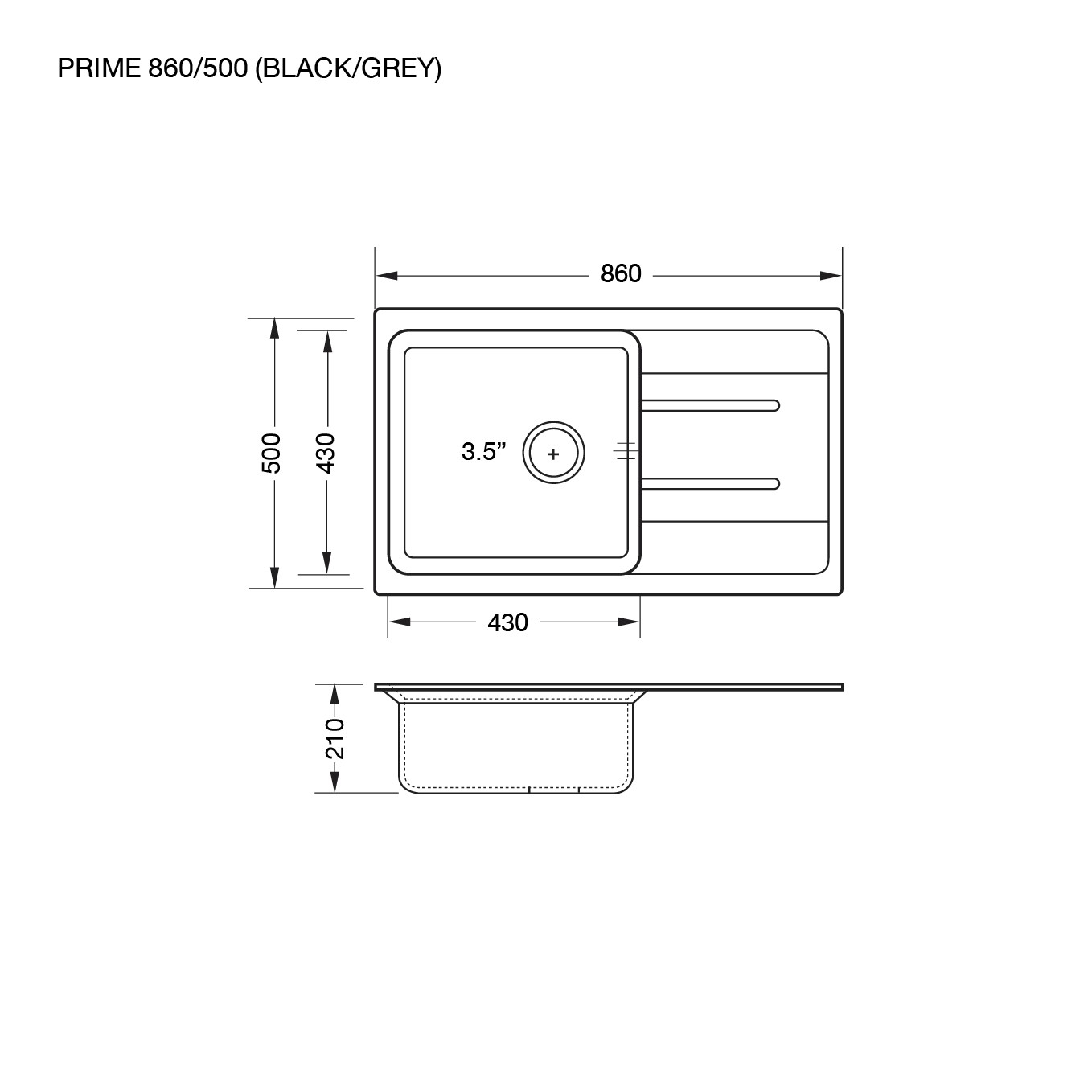 Technical Drawing ซิงค์ล้างจาน 1 หลุม หินแกรนิต มีที่พัก ยี่ห้อ eve รุ่น PRIME 860/500