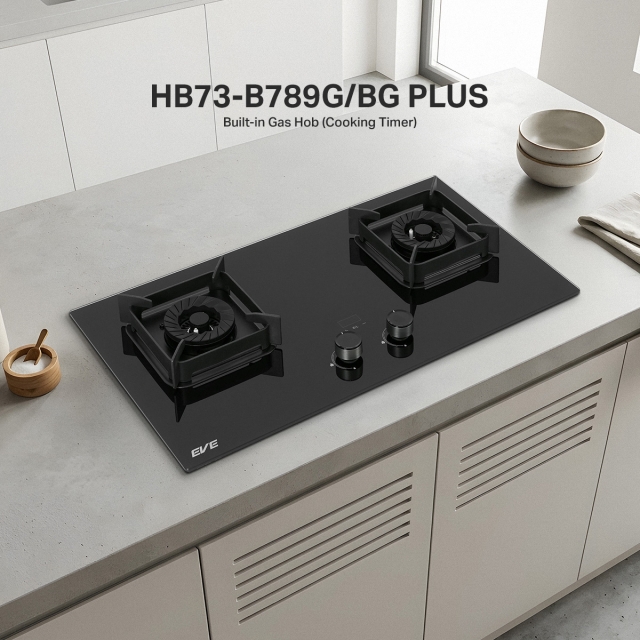 เตาแก๊ส 2 หัว แบบฝัง EVE ฐานกระจกนิรภัยสีดำ HB73-B789G/BG