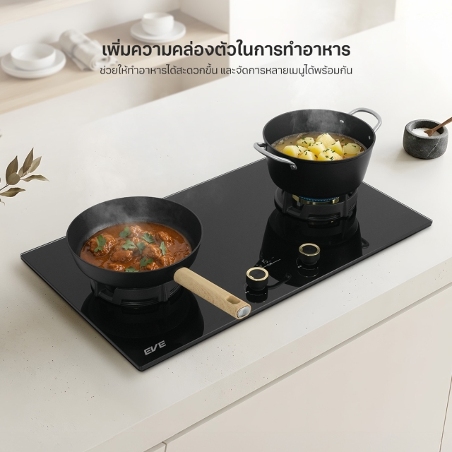 เตาแก๊ส 2 หัว แบบฝัง EVE ฐานกระจกนิรภัยสีดำ | EVE ออนไลน์
